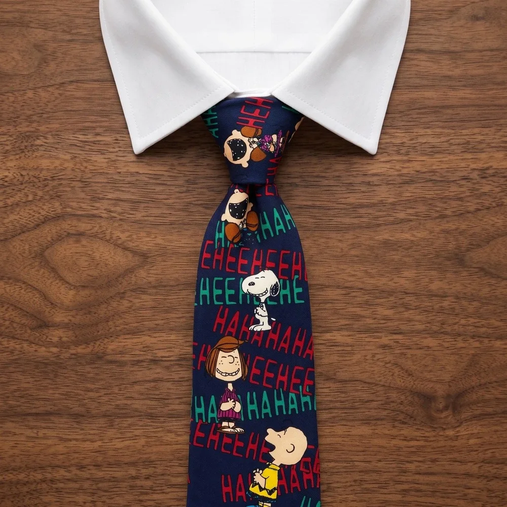 Vintage Peanuts Snoopy Charlie Brown Silk Tie Navy Laughing Graphic Manhattan